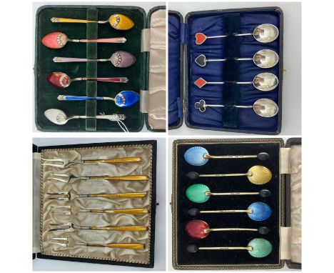 A harlequin set of six silver and enamel bean end coffee spoons, Birmingham 1948, a similar set, 925 silver and enamel, a sim