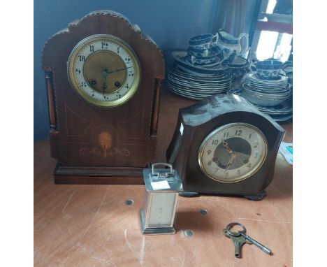 An Edwardian inlaid mantel clock, a Smiths Enfield mantel clock in bakerlite case and a quartz alarm clock in plated case&nbs
