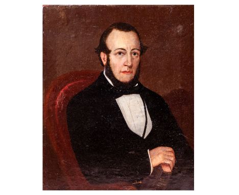 19th Century English School. Portrait of a gentleman, half-length, seated in a chair and holding a volume of poetry by Robert