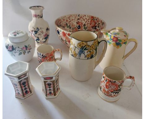 A collection of ceramics and books to include a pair of hexagon  RCD Imari vases pattern 1128 , dated for C1945, they stand 1