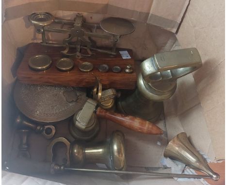 A set of early 20th century Mordan and co brass postage scales and the weights other assorted brass weights etc
