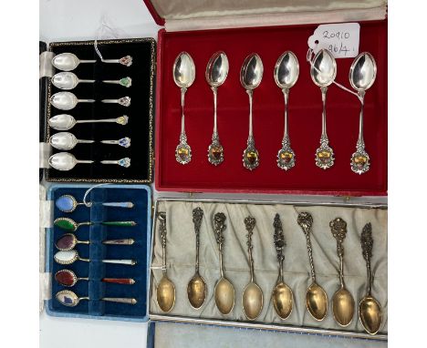 A harlequin set of  925 quality continental silver gilt and enamel coffee spoons another set of six with enamel terminals, Bi