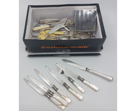 A silver cigarette box with engine turned hinged cover 9cm wide and a quantity of assorted flatware to include dessert knives
