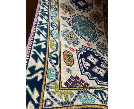 Persian style carpet runner  darker creams, blues and turquoise, mustard accents please see both photographs 11' x 30"  aprox