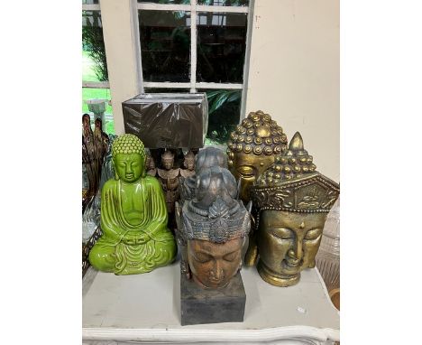 Collection of&nbsp; items depicting Buddha.:&nbsp; 2 lamps with brown shades, 2 matching resin heads, 2 gold resin heads and 
