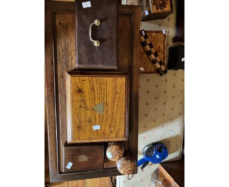 5 items comprising of an Edwardian Tea caddy (AF) Brass escutcheon handle and scrolled brass bracket feet no key. two treen l