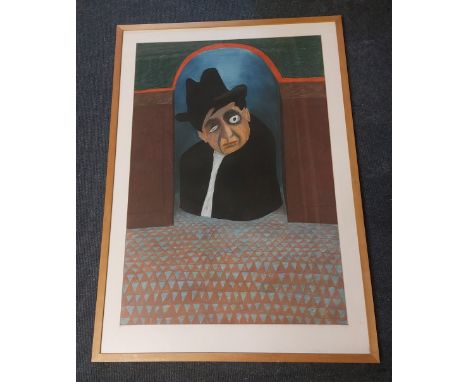 Suzanne McIver&nbsp; Surrealist half length portrait of the comedian Tony Hancock, depicted half length in an arch, mixed med