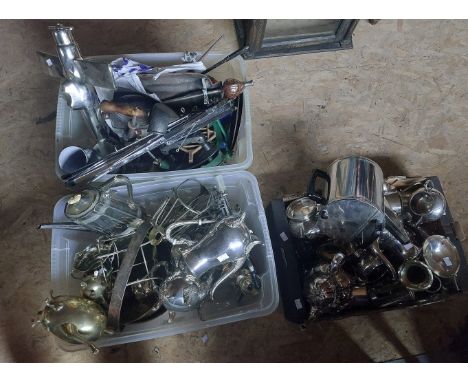 Mixed lot of Sheffield and other plated wares, to include tea wares and coffee pots , trophies and a few brass items, there i