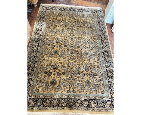 Indo Persian style rug measuring 2.7m x 1.83 m (9'x6'2) Hand knotted in 100% pure wool pile, heavy thick rug in blues and gol