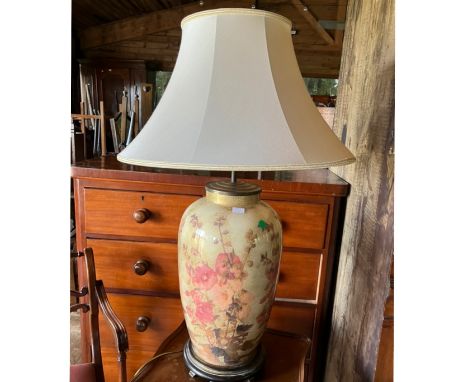 Large Modern lamp with Floral decoration (hollihocks) on a wooden base (not PAT tested) approx 82 cms High.