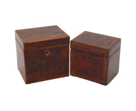 A Regency burr-walnut tea caddy, with single fitted lid, W13.5cm (lacking feet), and another banded mahogany tea caddy with n
