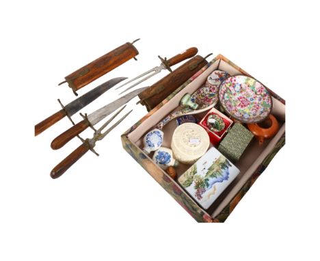 A box containing snuff bottles, Oriental ceramic box, and a pair of Oriental carved wood carving sets 