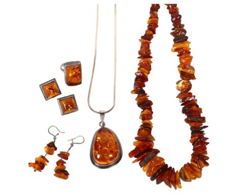 A collection of Baltic amber jewellery, including necklace, length 61cm, pendant necklace, 2 pairs of earrings, and a ring 