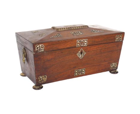 A Regency rosewood tea caddy, with 2 fitted inner boxes and mixing bowl (bowl A/F), applied mother-of-pearl decoration on bun