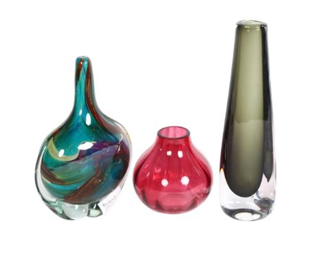 Mdina glass sculpture, 19cm, a Dartington Glass vase, and an Orrefors vase 