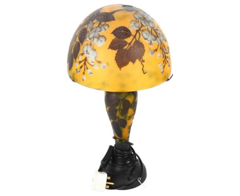 A reproduction Galle style table lamp, with floral decorated glass base and shade, H44cm 