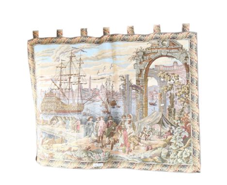 A machined tapestry with tabs and hanging rail, depicting a Venetian scene, 107cm x 147cm 