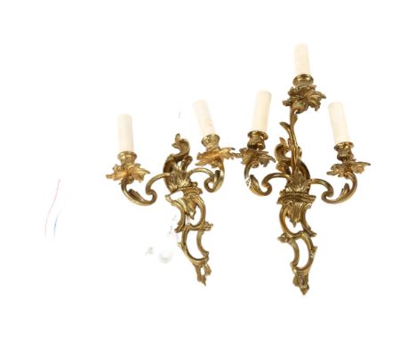 A 3-branch cast gilt-brass wall sconce with foliate design, 40cm overall, and similar 2-branch wall light with crystal drops 