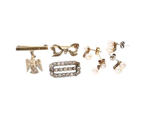 DONALD SIMPSON - KITAMURA - a pair of pearl and 9ct gold set earrings, a pair of pearl and silver set earrings, paste brooch 