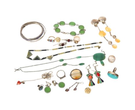 Various silver and other costume jewellery, including a turquoise ring, enamel earrings, etc 