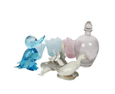 3 Latticino glass vases, H8cm, Orrefors decanter and stopper, Copenhagen duck etc 