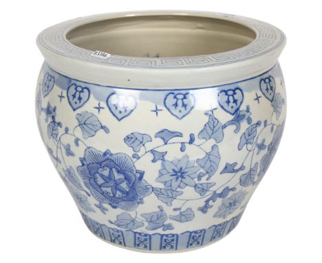 A large chinoiserie planter, with blue and white floral and Koi fish decoration, height 25cm, diameter 30cm 