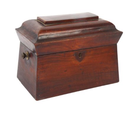 19th century mahogany sarcophagus tea caddy, with 2 inner fitted lids, and brass handles, W22cm 