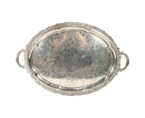 Large 19th century electroplate tea tray with cast gallery, length including handles 69cmGood condition, light wear 