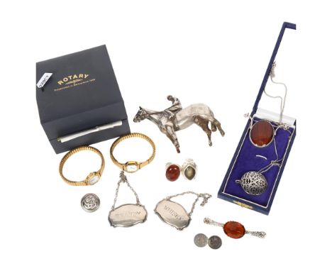 2 silver decanter labels, a silver circular stone set ring, 2 lady's Rotary wristwatches, and other silver jewellery 
