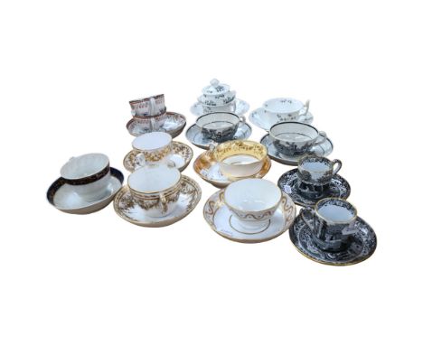 A group of Victorian cabinet cups and saucers, 2 Pearlware transfer printed cups and saucers, and 2 Spode Italian coffee cans