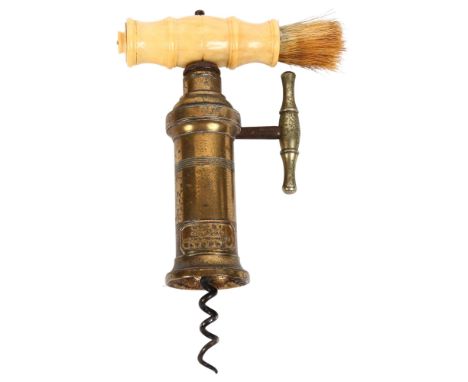 Mechi 4 London, an Antique rack and pinion corkscrew with a brass barrel, fitted with bone-handled brush 