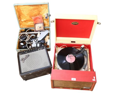 A Dansett Major portable record player, a Frontman 15R fender amp, serial no. CAX09C1637, and a Mashpriborintorg, the YNA-5M 