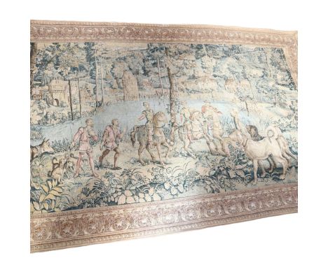 A machine woven hessian-backed Verdure tapestry, with gentleman on horseback, and various dogs, possibly hunting scene, 162 x