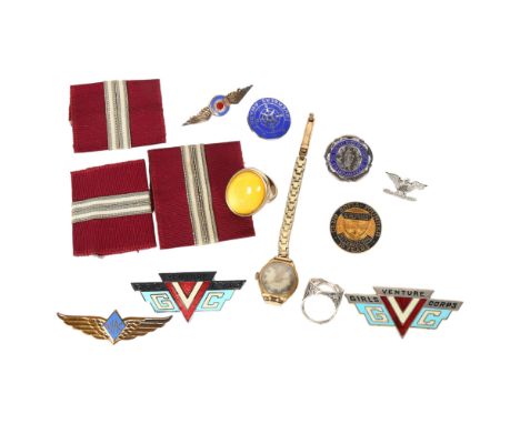 A group of items, to include a silver ring no setting, a silver fob, enamel badges etc 
