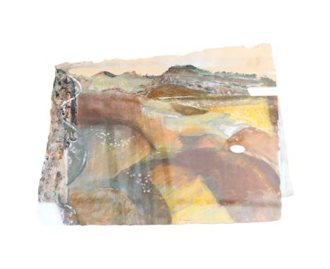 A mixed media abstract painting on paper, entitled "Rainy Hills", signed bottom right "Sutton 2002", in modern frame, 92cm x 
