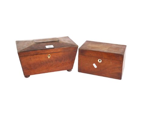 A Regency mahogany sarcophagus tea caddy, with fitted lids and mixing bowl (bowl not original), W31cm, and another (2) 