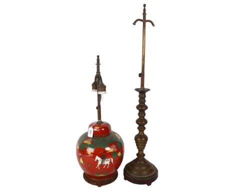 A cloisonne orange ground table lamp, height 60cm overall, a brass lamp base and a Fostoria glass punch bowl with 12 cups, 33