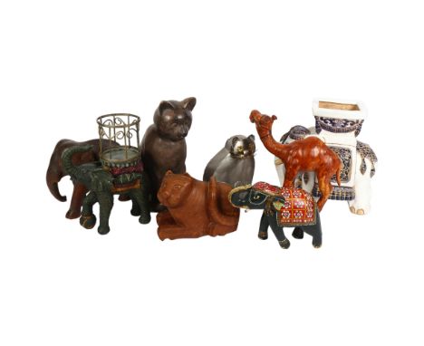 A ceramic elephant design planter, H29cm, 3 other elephants, a leather-covered camel, and 3 cats 