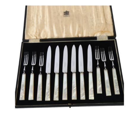 ELIKINGTON & COMPANY LTD - a cased set of 6 mother-of-pearl handled fruit knives and forks, with stainless steel blades 