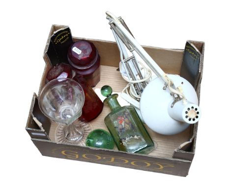 A pair of Bohemian etched cranberry glass bottles and stoppers, 1 A/F, a bubble glass decanter with hunting scene, an anglepo