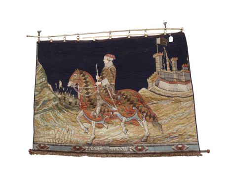 A machine tapestry depicting an Italian Guidoriccio Da Fogliano at the Siege of Montemassi, 106cm x 150cm including rail 