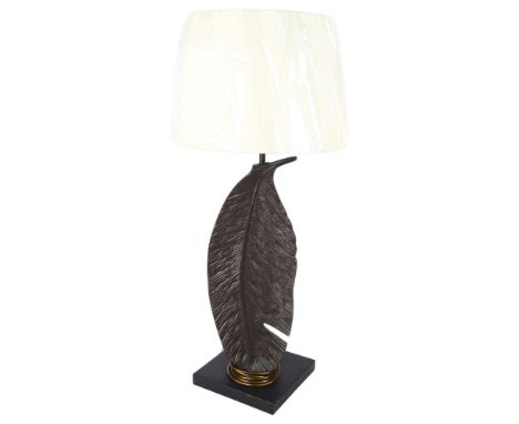 A contemporary cast-metal lamp in the form of a feather, with LED bulb, and shade, H74cm 
