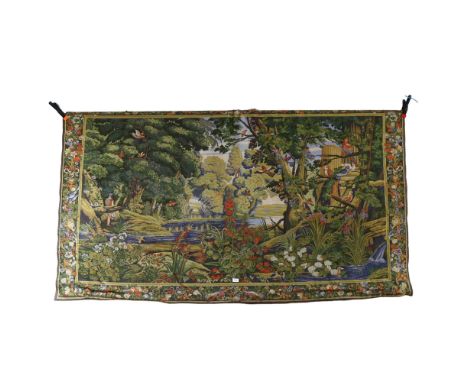 A large Brussels tapestry depicting river view with birds, 130cm x 230cm approx 