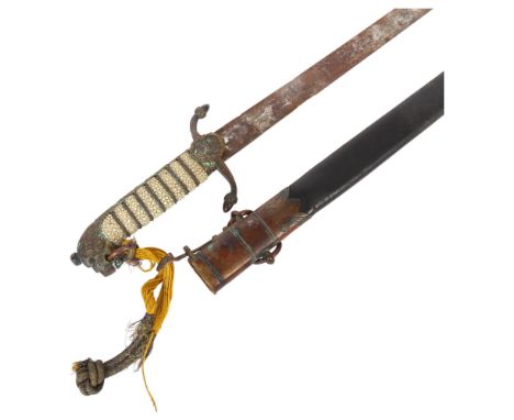 A late Victorian British Royal Navy Officer's short sword, with a shagreen handle and lion mask mount and shaped guard, with 