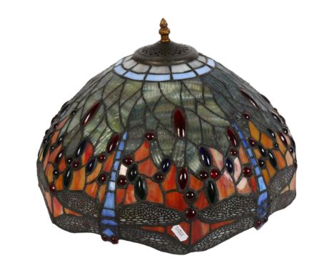 A Tiffany style lead and coloured glass ceiling light shade, with floral and dragonfly decoration, diameter 42cm 
