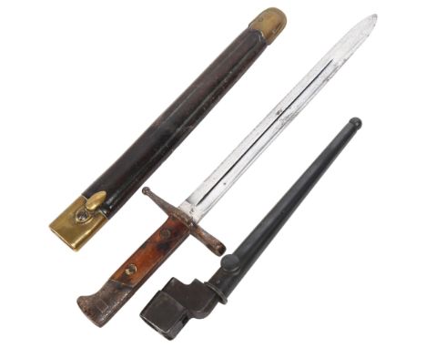 A First World War Period bayonet, impressed A4553 to the hilt and leather scabbard, L43cm, together with a no. 4 pigsticker b