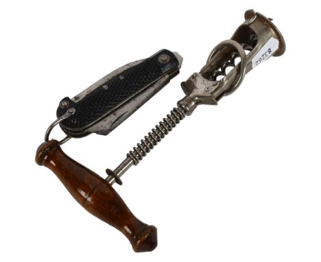 An Antique corkscrew with turned wood handle, 16.5cm, and a multi-purpose pocket knife 