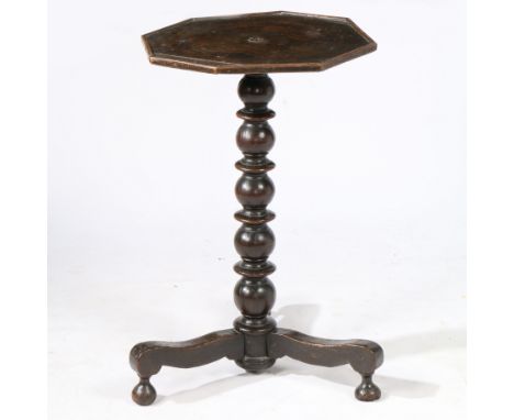 Having an octagonal top with applied moulded edge, the ball and ring-turned pillar morticed and wedged through the top, on a 