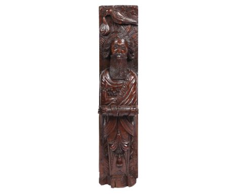 Designed with a male, having flowing hair, moustache and impressive long beard, one arm tucked beneath a sash, atop a pedesta