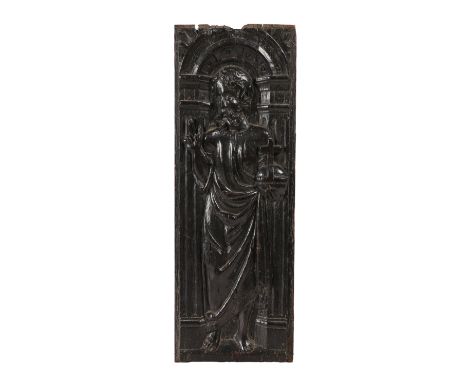 Designed with Christ, standing within an architectural arcade, and holding a mappa mundi orb, 16.5cm x 45cm.